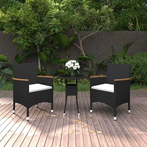 Kaloriko Salon de jardin 3 pièces en rotin synthétique noir, table en verre trempé, 2 chaises avec coussins, cadre en acier revêtu par pulvérisation, 60 x 75 cm, résistant aux UV, aux intempéries