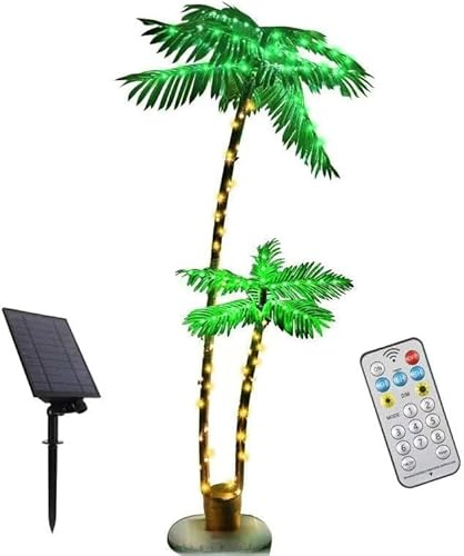 Solar Artificial Palm Tree,6' 3.3' Glowing Lighted Palm Tree with 8 Modes for Tiki Bar Decor,Simulation Tropical Palm Tree Light for Yard Outside Home Beach Pool Party Decorations (2 Trunks)