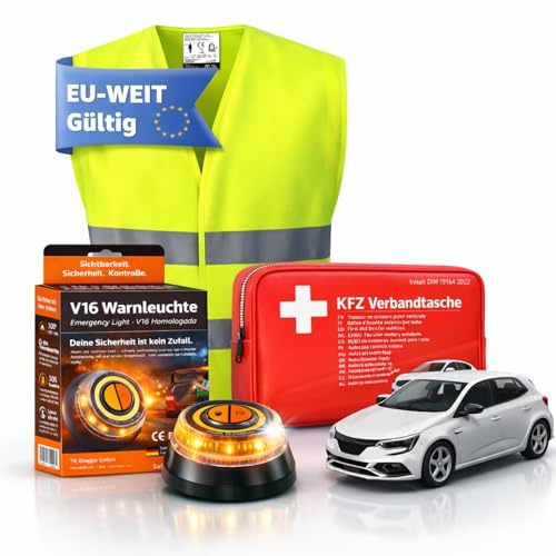 Safeglow® 3 in 1 Set - Warnleuchte V16 & Warnweste & Verbandskasten - Notlicht IDIADA Zulassung Nr. PC21020060 - Warndreieck - Pannendreieck - für Auto & Motorrad (3 in 1 Set)