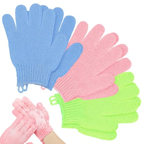 AYBUY Gant de Douche Exfoliante,Gant Corps a Gommage,3 PCS Gants Exfoliant | pour le Bain et le Corps (Bleu Clair + Vert Gazon + Rose)