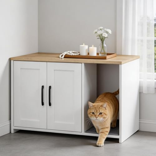 Cat Litter Box Enclosure, Hidden Cat Litter Cabinet with Scratching Mat, Wooden Litter Cupboard with 2 Doors Cabinet and Open Space for Living Room Bedroom Dining Room (White)