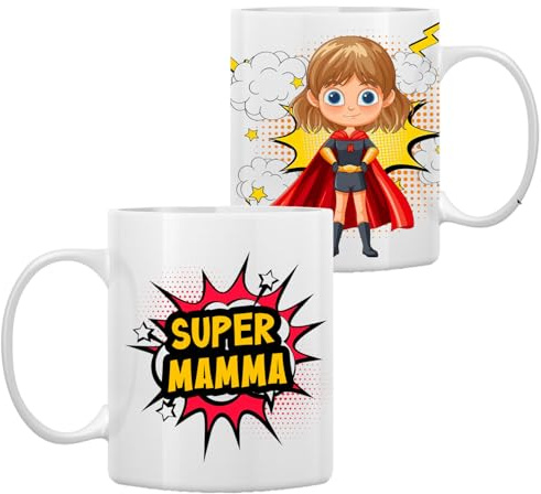Telastampa Tazza Regalo Festa della Mamma, Made in Italy - Idea Regalo in Ceramica con Frase Originale e Divertente - SUPER MAMMA (Grafica Supereroina)