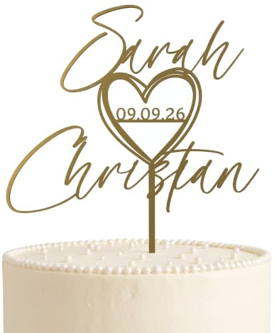 Cake Topper Hochzeit Personalisiert – Kalligrafie mit Datumsherz | Tortendeko & Tortenstecker Hochzeitstorte · Gold, Roségold, Silber, Weiß, Schwarz, Holzfarben · Bruchsicher · Mit Namen