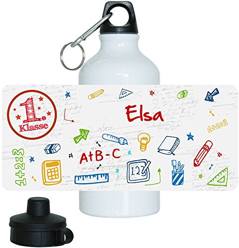 Eurofoto Trinkflasche mit Namen ELSA und 1. Klasse-Motiv für Mädchen, aus Aluminium