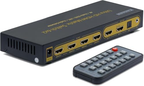 KanaaN Leicke 4K UltraHD HDMI 6x2 Matrix Switch mit Fernbedienung | 5.1 Surround SPDIF Optisch + Stereo 3.5mm Klinke Audioausgang | Arc und Pip | FullHD, UHD, 4K, 4K*2K | HDMI 1.4 Standard | HDCP 2.0