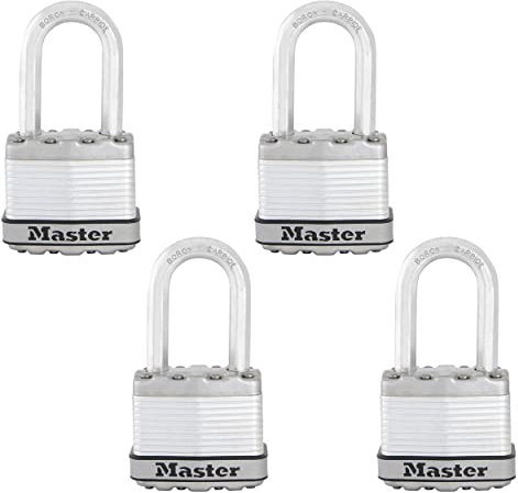 Master Lock Silver Magnum M1XQLFCCSEN - Candado para exteriores con llave para valla o cobertizo al aire libre con grillete largo, paquete de 4