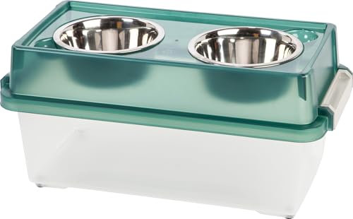 Iris Ohyama, Gamelle Surélevée avec Support en Boite Plastique, Vert, Mangeoire surélevée pour Chien, Chat, avec Double Bol, Eau, Nourriture, Clips, Solide, Rangement Croquette, sans BPA, FS-M
