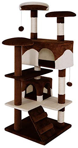 lionto Kratzbaum für Katzen mit 2 Plüschbällen & 3 Plattformen, Höhe 130 cm, Katzenbaum mit Sisal & weichem Plüsch, gemütliche Liegeflächen & Höhlen, für kleine & große Katzen geeignet, braun/beige