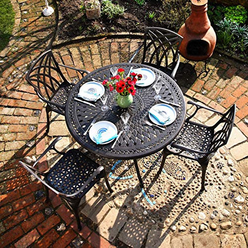Lazy Susan – Alice Gartentisch rund | 4 April Gartenstühle | Wetterfestes Gartenmöbel Set | Aluminium | Farbe Bronze Antik | Blaue Kissen | 3-jährige Garantie