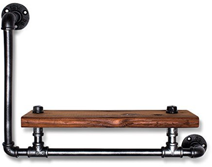 ZHEN GUO Industrial Cast Iron Pipe Wall Shelf, Black Metal Bracket & Solid Pine Wood Plate, Wall Decor/Home Racks/Bathroom Storage