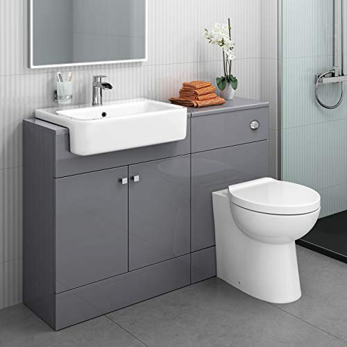 iBathUK Harper 1160 Combination Vanity Unit Furniture Set, Wash Basin Bathroom Sink, WC, BTW Toilet Pan, Soft Close Seat with Concealed Cistern-Gloss Grey(Flat Pack)