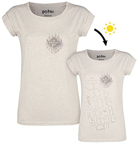 Harry Potter Frauen T-Shirt Karte des Rumtreibers mit UV-Druck - magischer Farbwechsel bei Sonnenlicht - Creme meliert mit Frontdruck und Rundhals, exklusiv bei EMP