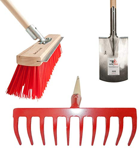 SHW-FIRE 3-teiliges Gartenwerkzeug - T-Griff Spaten, 10 Zinken Rechen, Elaston Besen mit Holzstiel. Robustes Gartengerät aus Spezialstahl