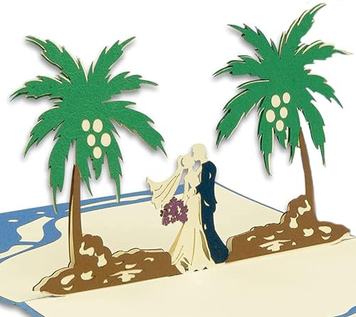 LINPOPUP®, LIN17580, POP UP Karte - 3D Grußkarte zur Hochzeit Verlobung - 3D Klapp-Karte - Liebes-Paar Palmen Strand-Hochzeit - Hochzeits-Glückwunsch - Hochzeits-Einladung, N340