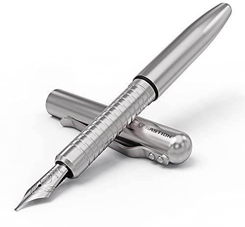 BASTION Fountain Pen with Gift Case - Minimalist Luxury Body - Fine Nib - Heavy Duty Nice Collectors Ink Refillable Metal Pens for Men & Women - Professional Executive Office Pen (Stainless Steel)