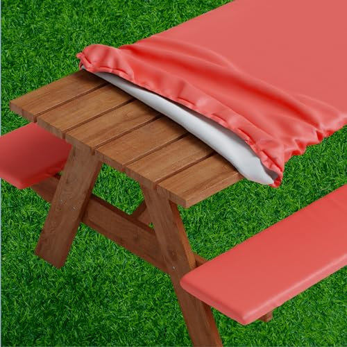 Sorfey Picknick-Tischdecke mit Bänken, elastisch, Vinyl mit Flanell-Rückseite, passend für rechteckige Tische, 76,2 x 243,8 cm, wasserdicht, solides rotes Design