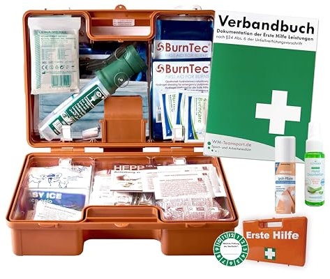 Erste-Hilfe-Koffer M4+ GASTRO für Betriebe nach aktueller DIN/EN 13157 inkl. Augenspülung + Brandgel + detektierbare Pflaster + Hydrogelverbände + Sprühpflaster + Hygiene-Ausstattung