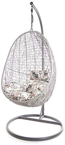 Kideo® Komplettset: Hängesessel mit Kissen und Gestell, Loungemöbel, Swing Chair, Korbsessel. Farbe: grau, Nest-Kissen (Kissen: Gemustert (0930 Romantic))