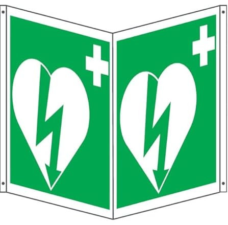 NEW CARTELLO SEGNALETICO BIFACCIALE - defibrillatore di emergenza - In Alluminio Con Stampa Diretta U.V. (IDEALE ANCHE PER ESTERNO) (20X31 CM)