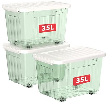 Cetomo 35L*3 Storage Boxes with Wheels, Plastic Storage Box with Lid, Latching Buckles, Click Closure, Stackable, Nesting, Durable Organizer for Home Office Clothes, Clear Green, 35L-3 Pack