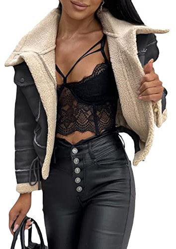 Onsoyours Giacca Corta da Donna in Ecopelle Giacca da Moto Spesso Caldo Risvolto Cappotto in Pile Bomber Jacket Giubbotto per l'inverno e l’Autunno A Nero XS