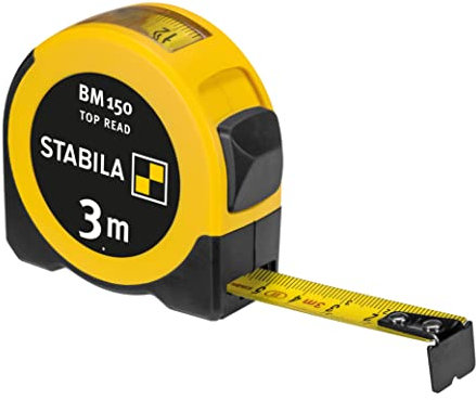 STABILA Taschenbandmaß BM 150, 3 m, Maßband mit metrischer Skala, Sichtfenster für Direktablesung, bruchsicheres ABS-Gehäuse, beweglicher Anfangshaken, Gürtel-Clip, MID-Genauigkeit