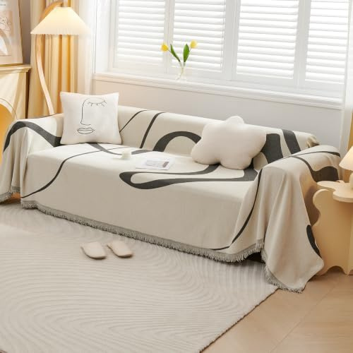 VanderHOME Sofaüberzug Sofa Handtuch Dekoration All-season Universal Gewebte Quaste Überwurf Sofa Abstrakte Geometrische Linien Multifunktionale weiche Decke Sofakissen Handtuch 180*260cm Dunkelgrau