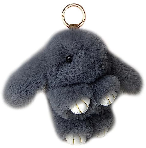 Xsclpomddy Hasen-Schlüsselanhänger, niedlicher Rex-Kaninchen-Kunstfell-Pompon, Schlüsselanhänger, Auto-Handtasche, schöner Schlüsselanhänger, Charm-Ring, dunkelgrau, 5.5in