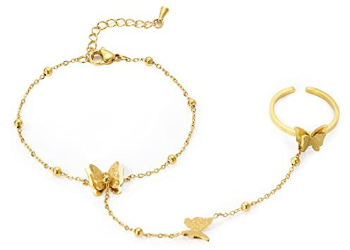 Emibele Armband mit Fingerring, 18K Vergoldet Damen Ring und Armkette mit Schmetterling Verzierung, Exquisit Armbändchen Schick Schmuckstück für Party Geburtstag Valentinstag verabredung, Golden