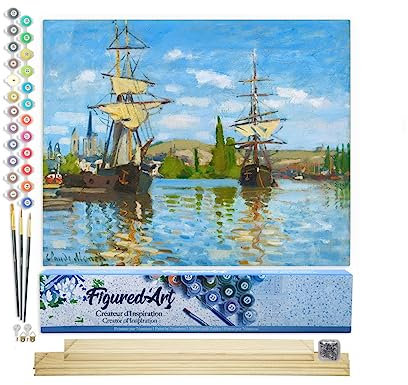 Figured'Art Malen Nach Zahlen Erwachsene Mit Rahmen Schiffe auf der seine in Rouen - Monet - Paint by Numbers Basteln DIY Bastelset 40x50cm Mit Keilrahmen (nicht gespannt)