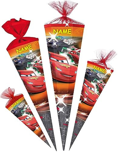 alles-meine.de GmbH Schultüte - Cars - Auto - Lightning McQueen 70-100 cm Größe wählbar inkl. Name - Zuckertüte - Tüllabschluß/Filzabschluß - eckig/rund - Mädchen - k..