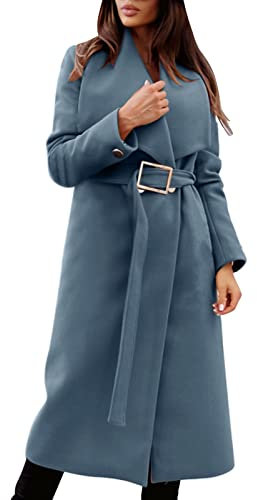 hhsbeauty Zweireihiger Damenmantel mit V-Ausschnitt Winter mittellanger Wollmantel mit Gürtel Damen Trenchcoat Kurz (Blue, S)