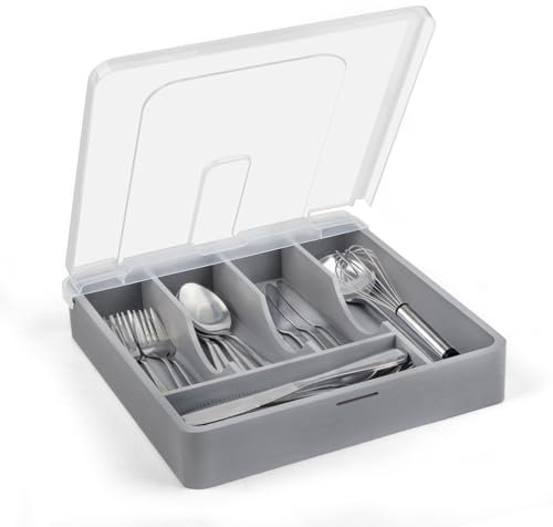 YICOCHI Utensilienhalter für Arbeitsplatte mit Deckel, Kunststoff-Besteckablage für Schublade, 5 Fächer, Besteck-Organizer, Bambus Grau