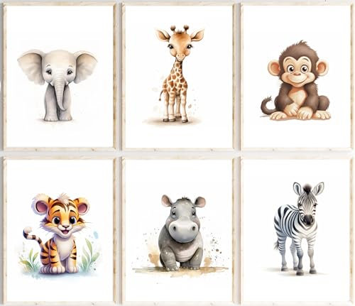 Generisch Safari Tiermotive | 6er Poster Set | Hochwertiger A4 Druck ohne Rahmen | Kinderbilder Bilder Kinderzimmer | Giraffe Löwe Affe Zebra Elefant | Babyzimmer | Wandposter| Dreamy Doodles®