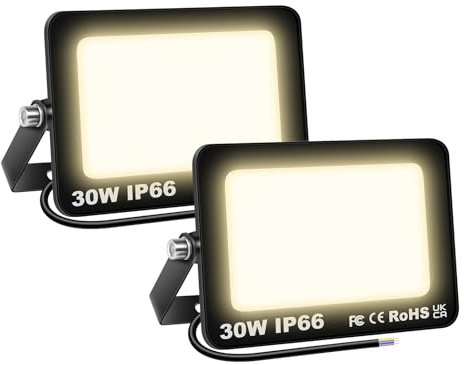 Willpower 2pcs Foco LED Exterior 30W 3000LM Proyector Impermeable IP66 3500K Bianco Caldo Luz de Inundación y Seguridad Para Garaje, Patio, Jardín, Terraza