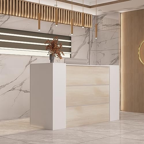 Rezeptionstheken, große Empfangstheken, Rezeptionstresen mit verstellbaren Einlegeböde, Rezeption, Rezeptionstheke,Büromöbel, Holzfarbe und weiß, 180X60X110cm, MDF, Modern und Stilvoll
