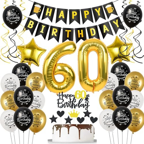 Deko 60. Geburtstag für Mann und Frau - Luftballons Schwarz Gold, Tortendeko, Geburtstagsdeko für 60 Jahre