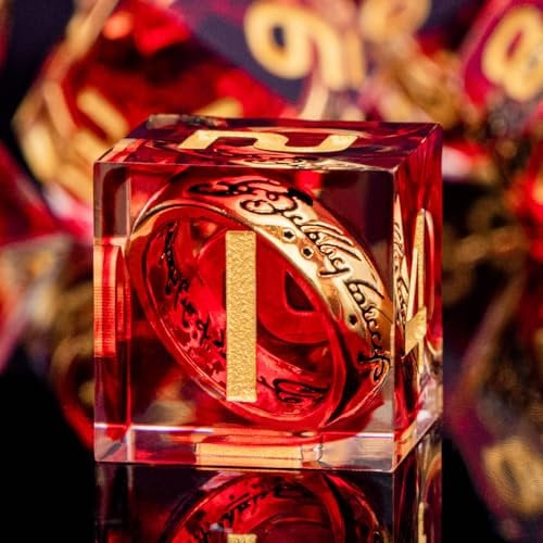 ORIFANTOU Magic Lord of The Rings DND Dice Set di dadi in resina rossa con scatola, anello dorato Inclusione D&D dadi RPG giochi di ruolo, Dungeons and Dragons D e D Set di dadi poliedrici