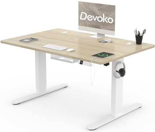 Devoko 120x80cm Escritorio Elevable Eléctrico de Carga Tipo A, Escritorio para Computadora Ajustable en Altura con Bandeja de Gestión de Cables y Memoria de 3 Funciones, Roble