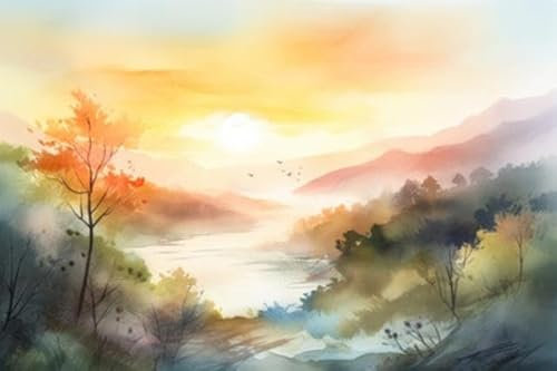 adrium Holz-Bild 110 x 70 cm: Aquarelllandschaft mit See, Bergen und Wald. Digitale Malerei., generative KI (203121259)
