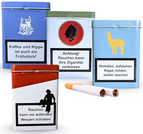 Bada Bing® 4er Set Metall Zigarettenetui mit witzigem Spruch - Robuste Zigarettenbox Zigarettendose mit Kippdeckel schützt vor Bruch & Quetschung – Retro Metalldose als Geschenkidee Männer & Frauen