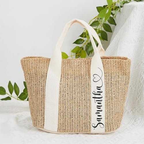 HDLOVE Personnalisés Sac De Paille Avec Nom, Mini Sac De Plage, Femmes Sac Fourre-Tout En Paille, Cadeau Pour Elle, Cadeau De Naissance, Cadeau De Demoiselle D'honneur(Beige)