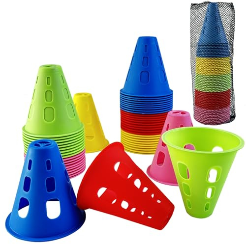 FEIBAMAOYI Cônes de Slalom,50 Pièces cônes entraînement coloré, Patinage Multicolore Pile Obstacle,pour Sport, Cone de marquage pour Roller, Football et Vélo,Slalom, des Exercices