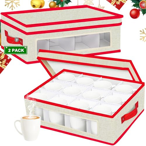 VERONLY Mug and Cup Storage Box- (2Pack) China Storage Bin Containers with Dividers,Hard Shell Crystal Glassware Case with 2 Sturdy Handles and Clear PVC window 41x32x13cm(Beige&Red)