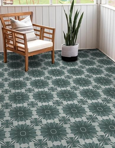AMAZINGWALL Peel and Stick Removable Vinyl Flooring Vintage Green Ceramic Retro Floral Floor Tiles Contact Paper Self-Adhesive Waterproof Floor Sticker for Kitchen,Dining,Bedroom