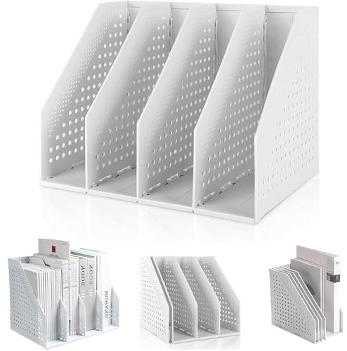 CLDFDC Porte-revues pliable,Meuble de rangement pour magazines de bureau avec 4 compartiments, armoire à documents de grande capacité, rangement vertical pour papiers A4, blanc
