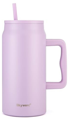 Skywerc 50 oz Tumbler with Handle, Vacuum Insulated Water Bottle with Lid and Straw, Stainless Steel Double Wall Travel Jug Coffee Mug, Keep Cold for 36H, 100% Leak-proof, Non-slip Base - Lavender