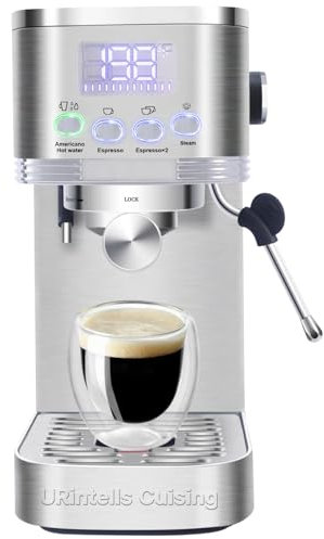 URintells Machine à café expresso avec 20 bars, écran LED avec mousseur à lait vapeur pour café expresso avec filtre ESE, cadeau pour papa et maman