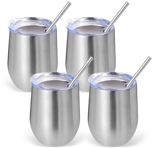 Volhoply Lot de 4 verres à vin sans pied en acier inoxydable de 355 ml avec couvercle – Verres à vin isothermes à double paroi – Gobelets de voyage réutilisables en métal avec paille – Cadeaux de Noël