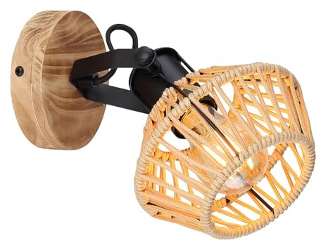 Wandleuchte Wandlampe Wohnzimmerleuchte Hanfseil Holzoptik verstellbar, Metall schwarz, 1 Flammig E27, BxH 16x22 cm